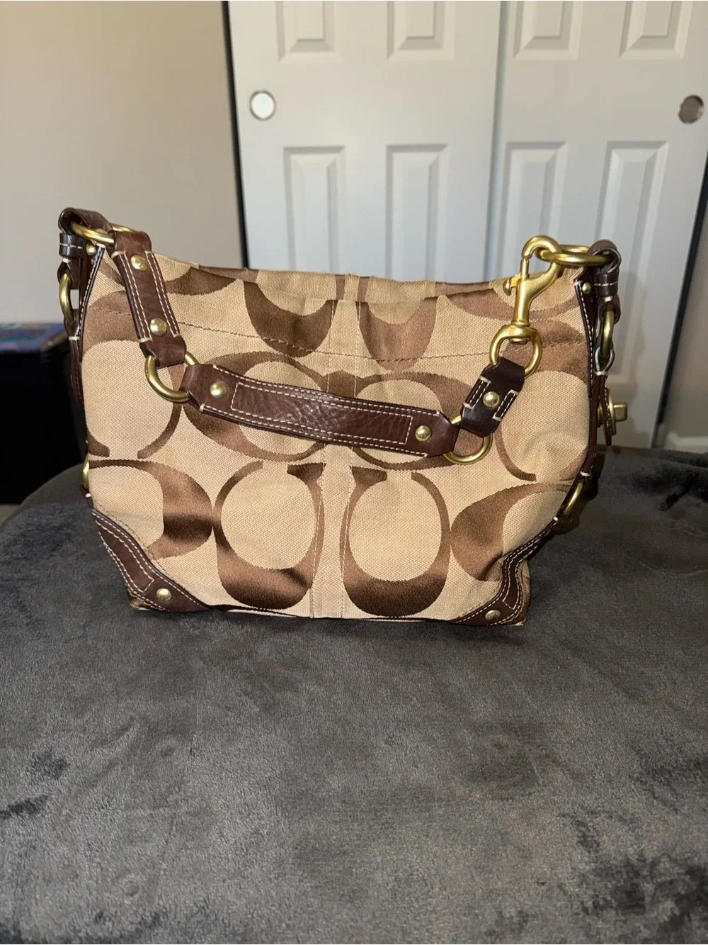 Coach Brown Signature Canvas Hobo with Dark Brown Leather Trim